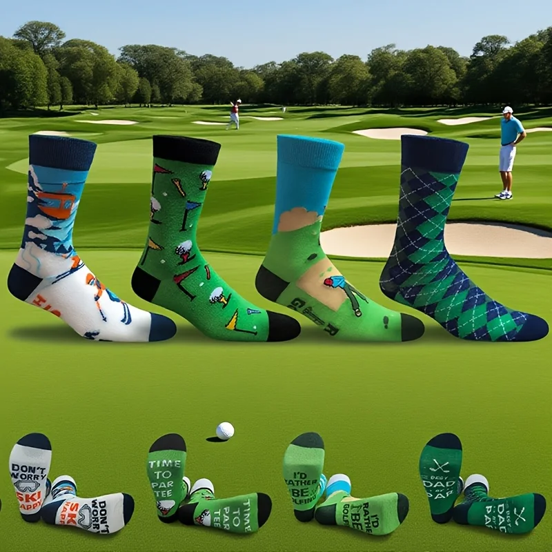 4 Pairs Men'S Novelty Quirky Golf Theme Fun Socks Unique Designs Letter Embroidery on The Soles Golf-Related Slogans