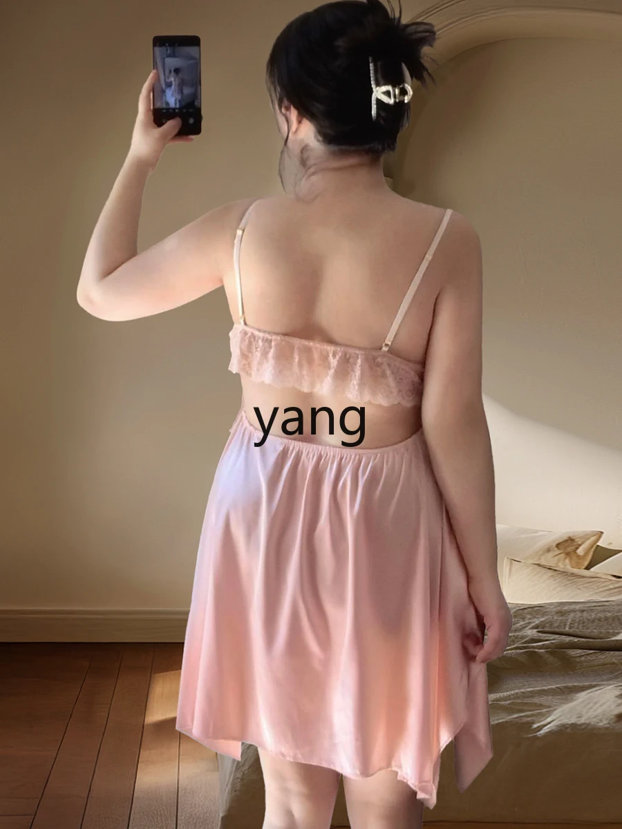 LMM fat mm large size sexy pajamas chest pad butterfly suspender nightdress long sleeve ice silk suit spring and summer