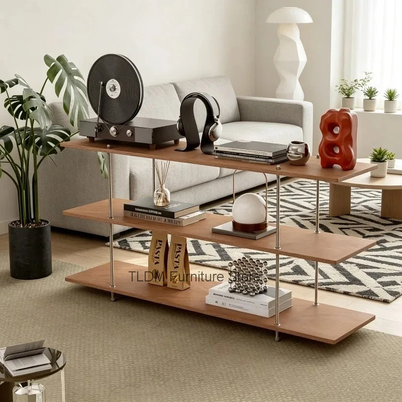 Mid Century Wood Open Display Shelf Transparent Acrylic Metal Support Rod Freestanding Vinyl Record Book Plant Rack Living Room