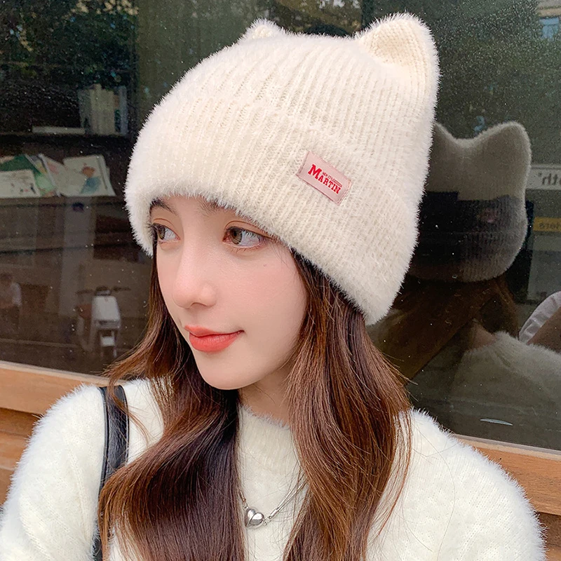 

Cute Ears Plush Pullover Cap For Women Winter Warm Ear Protection Hats Korean Girl Ski Bonnet Solid Color Woolen Knitted Hat