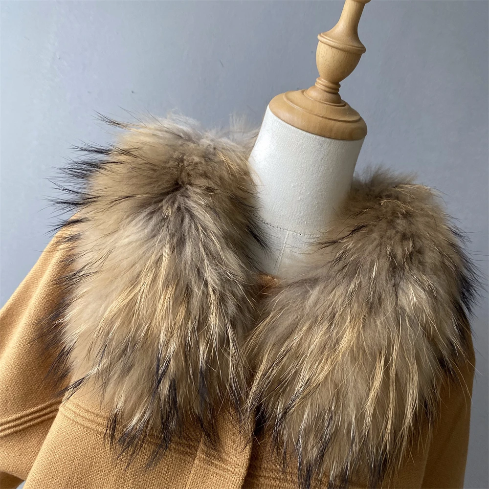 

Luxyonuo Women's Knitted Sweater Fall Winter Real Fox or Raccoon Fur Collar Short Sleeves Coats Thick Warm Outerwear Streetwear