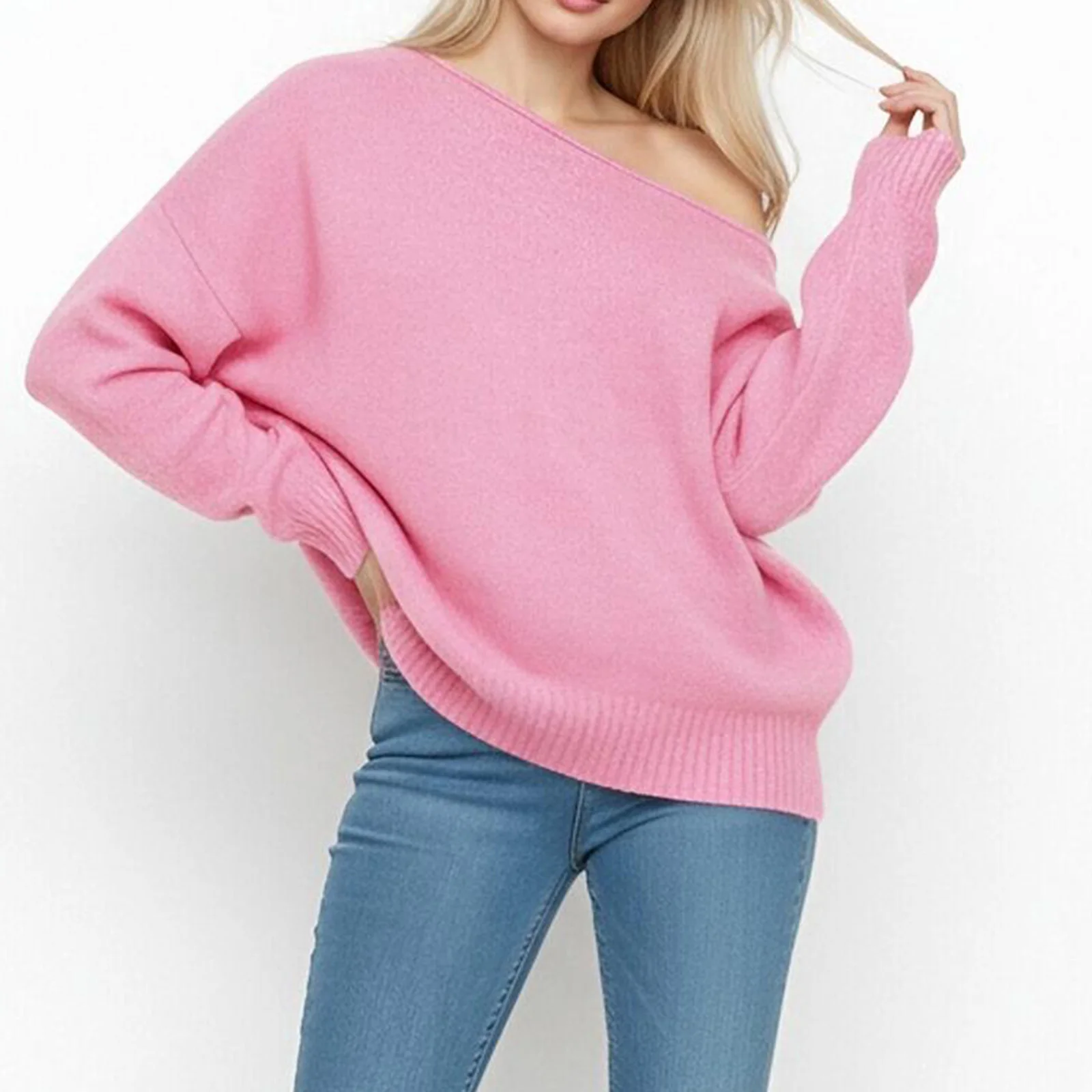 Pull à épaules dénudées pour femmes, coupe ample, décontracté, élégant, solide, garniture côtelée, dos nu, col bateau, manches longues, hauts en tricot