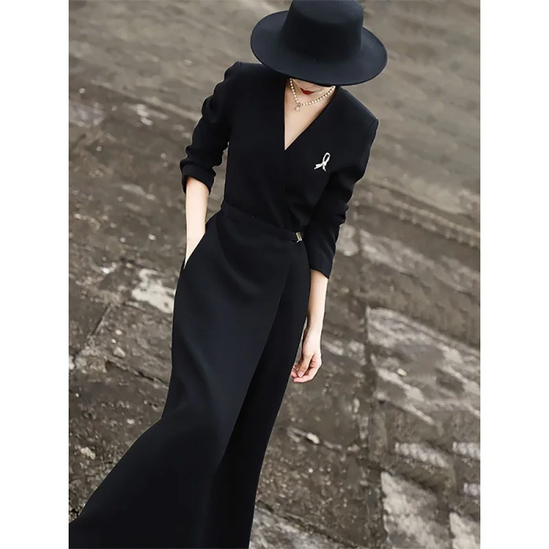 Spring Women's Temperament Dress Suit Collar Long Dress Commuter V-neck High Waist Cover Meat Slimming Dress