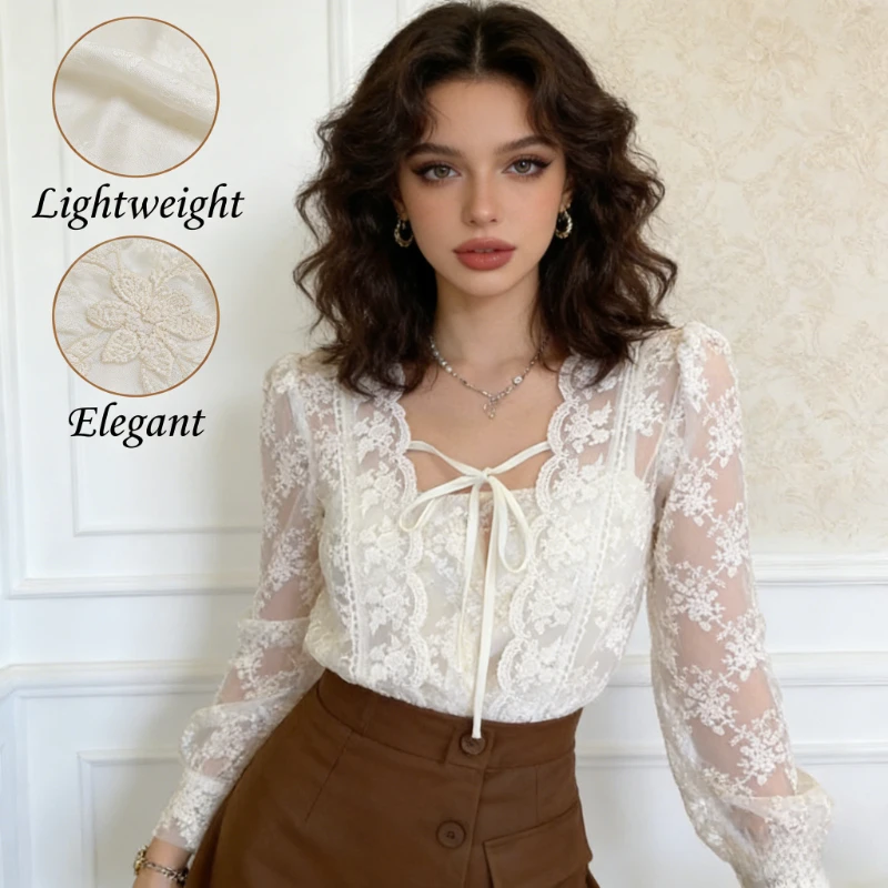 

Новая шикарная кружевная блузка 2026 года в винтажном стиле для женщин, с пышными длинными рукавами, вязаная крючком, с квадратным вырезом на шнуровке, свободный крой