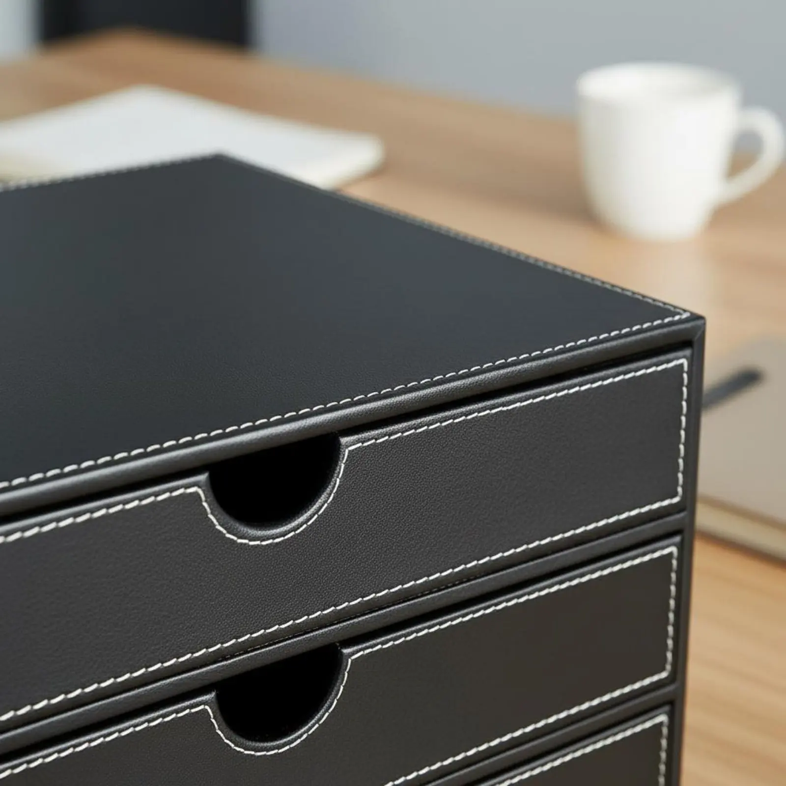 Leather Desk Organizer Box Handmade 3-Drawer Desktop File Cabinet A4 File Organizer Easy to Organize Storage Furniture