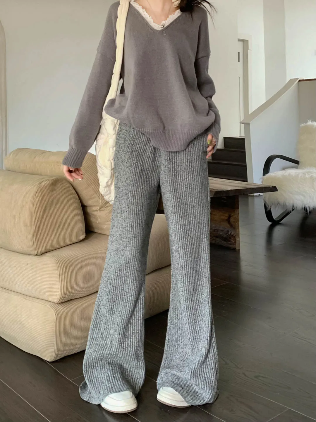 2024 Autumn Women Drape Thickened Angora Sunken Stripe Skinny Pants Wide Leg Pants High Waist Casual Pants Mopping Pants