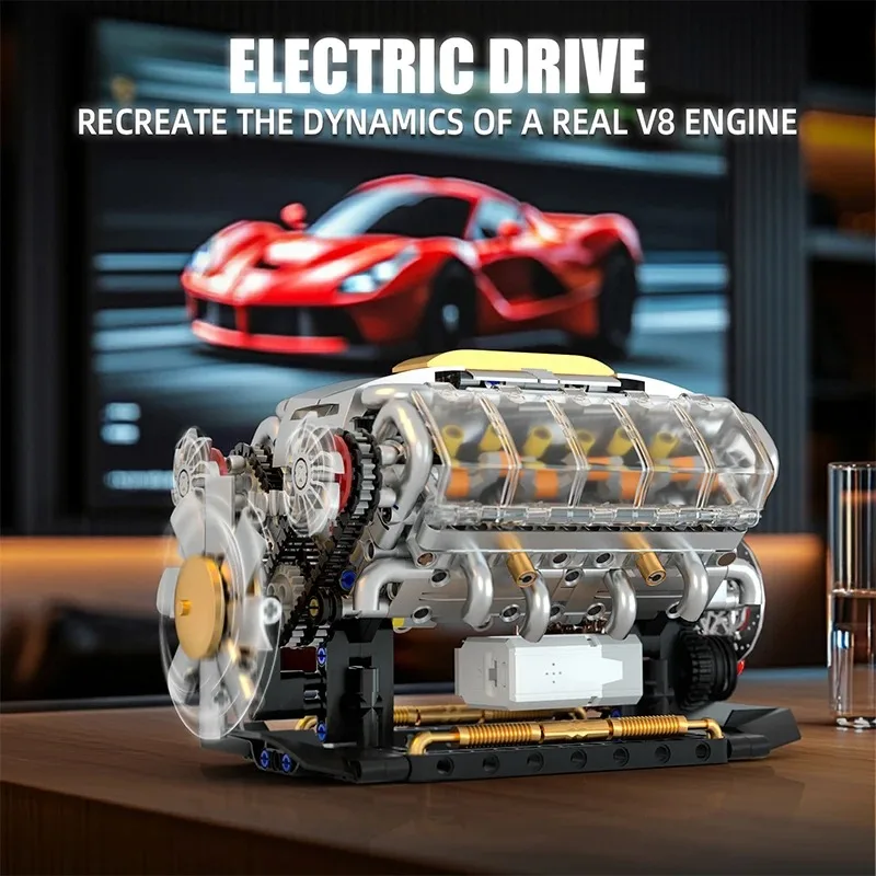 

MOC Technik Electrically Driven V8 Engine Model Car Building Blocks Set Creative Educational Toys Christmas Gifts For Boys Kids