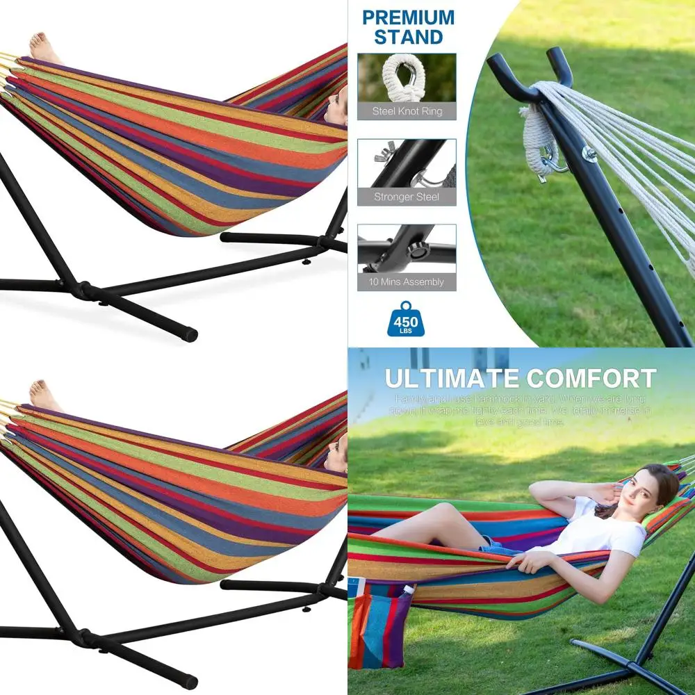 

Портативная подставка для двойного гамака на открытом воздухе, прочная сталь, компактная конструкция, вместимость 450 фунтов, подходит для патио