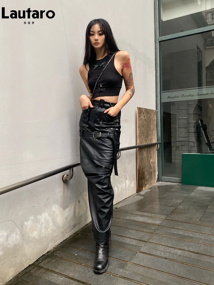 Lautaro Spring Autumn Cool Black Pu Leather Maxi Skirt Women with Back Slit Belt High Waist Long Luxury Designer Clothes 2023