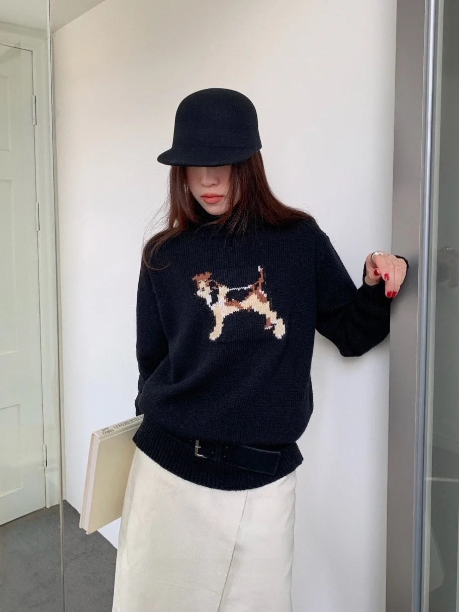 

Повседневный женский шерстяной вязаный свитер с высоким воротом, длинными рукавами, зимний, в стиле оверсайз, с цветными блоками и узором в виде собак, опт