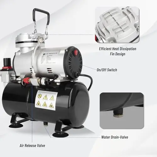Portable Oil-Free Single-Piston Airbrush Compressor 3L Tank With Safety Valve, Pressure Regulator And Moisture Separator For - view 2