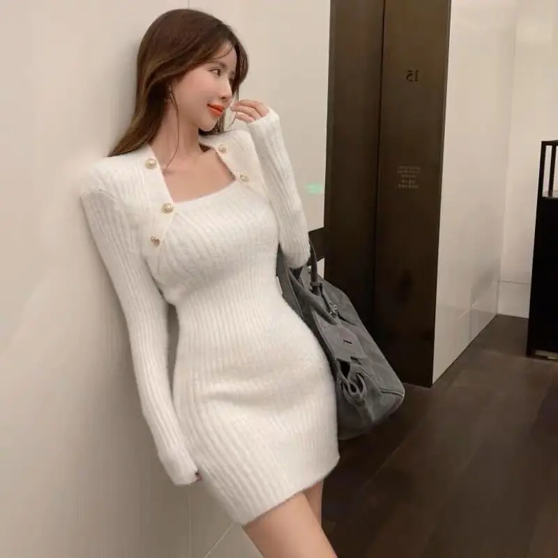 Winter Elegant Knitted Dress Women French Patchwork Vintage Party Mini Dress Female Korean Fashion Chic Sweater Dress Cute New