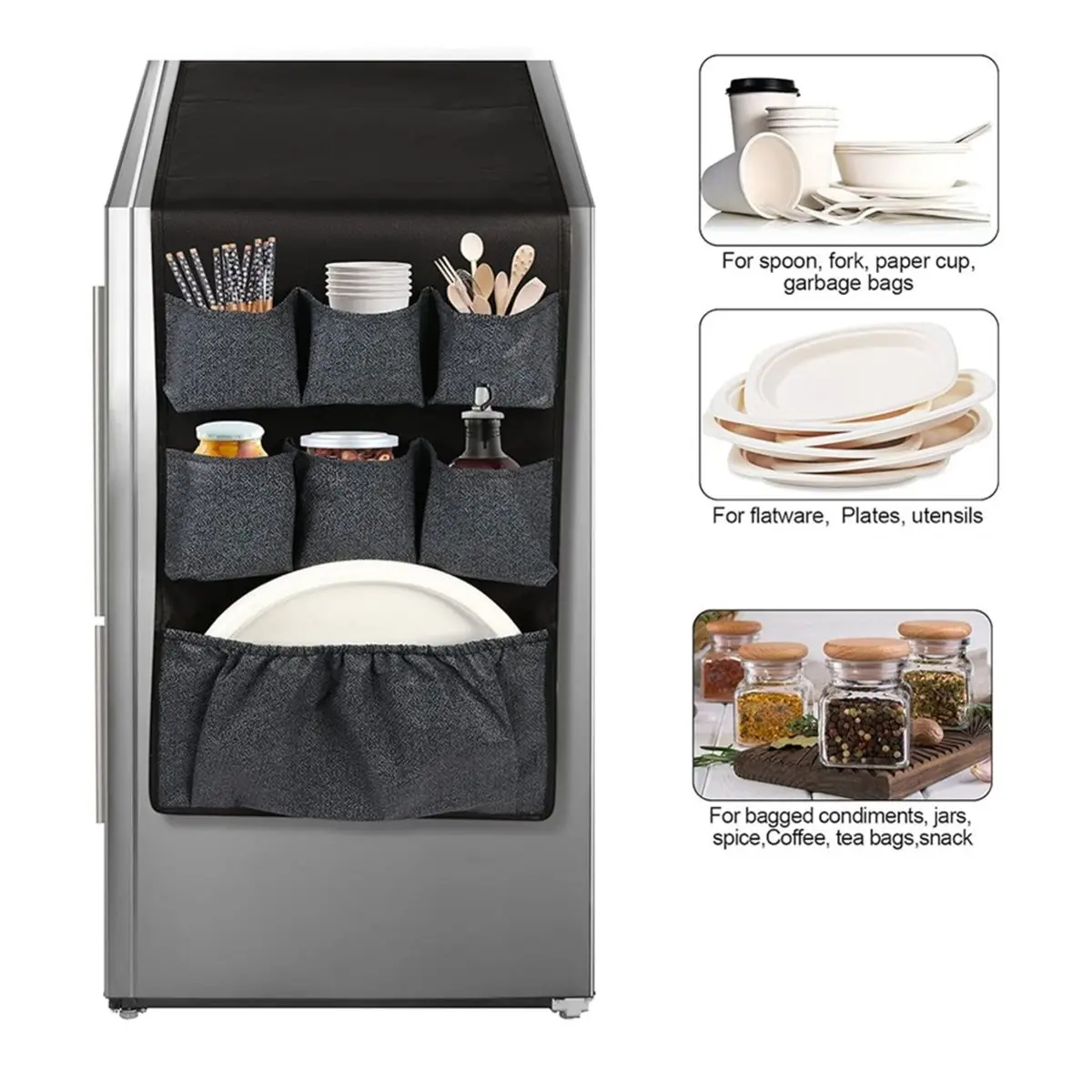 Mini Fridge Caddys Organizer Storage Bag, over the Fridge Storage Organizer with 15 Extra Large Fabric Pockets for Plate