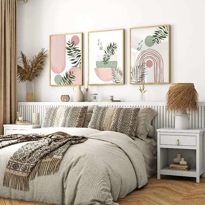 3pcs  frameless Pink Sage Green Abstract Wall Art Posters Bohemian Style Decorative Paintings Wall Art Multiple Suitable for Roo view 4