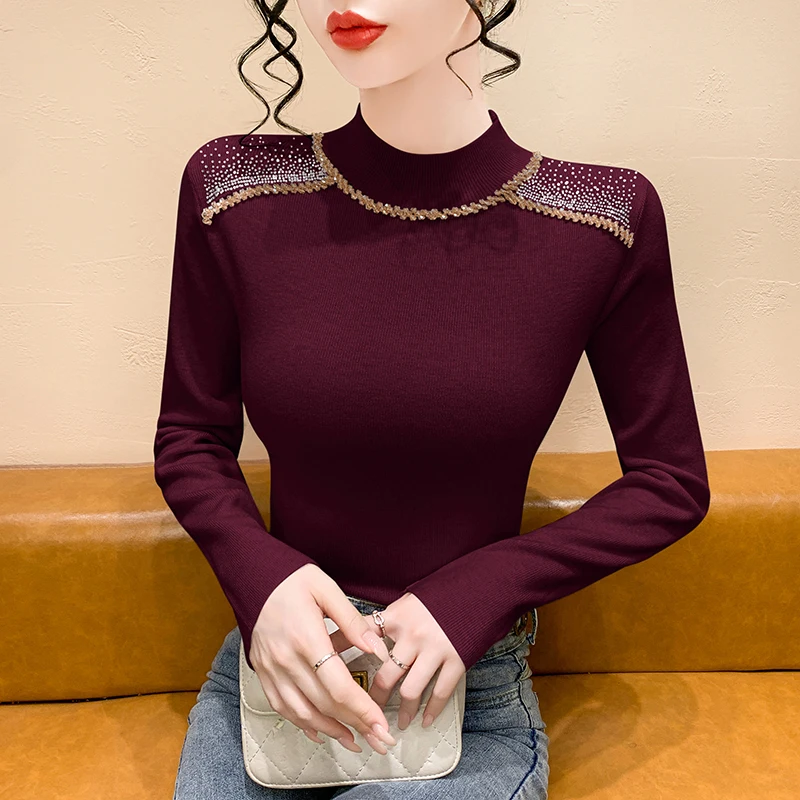 

Korean Fashion Half High Collar Pullovers Sweater Diamond Knitted Tops Autumn Winter Women Long Sleeve Knitwear