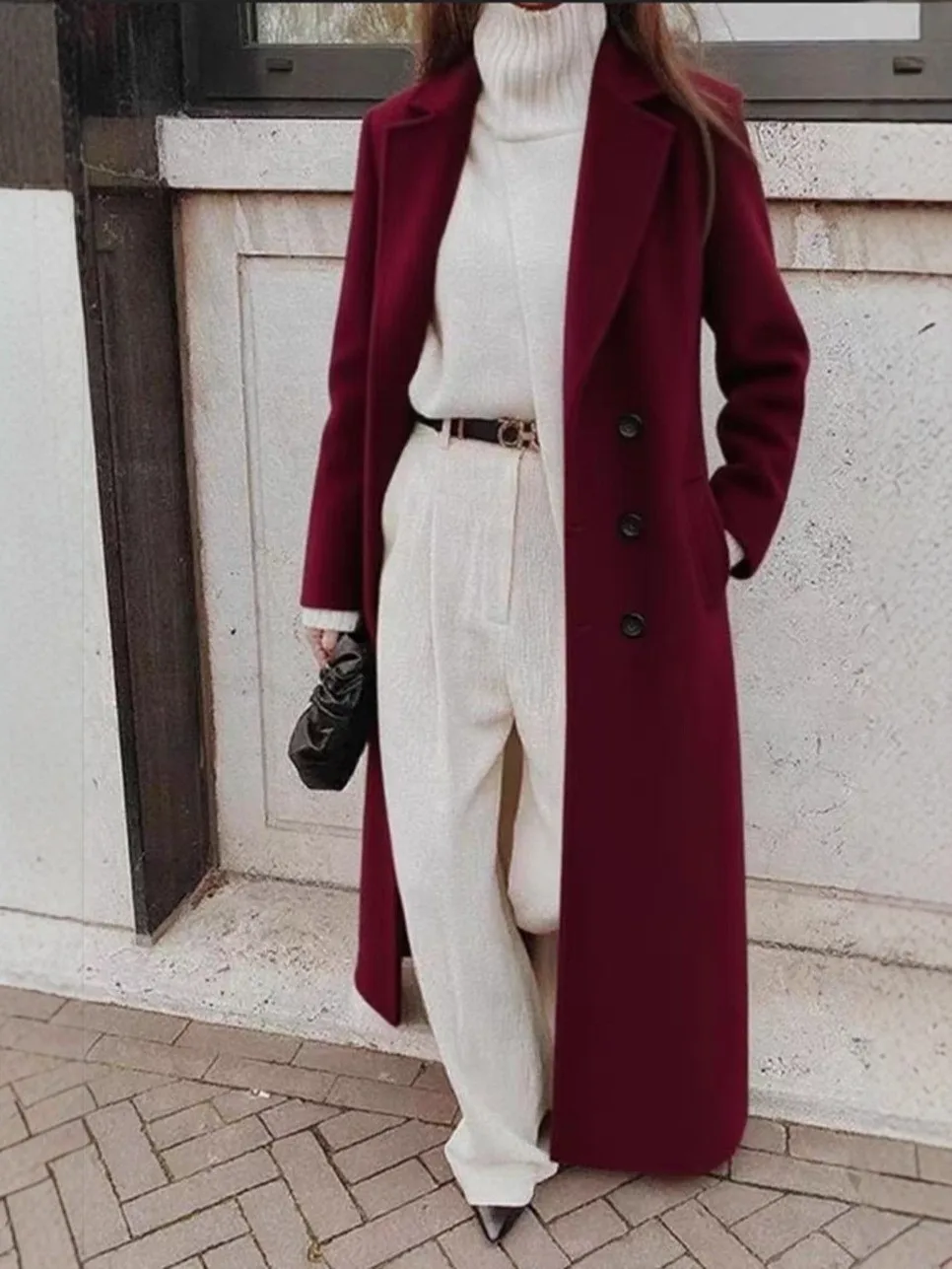 V Neck a Line Cut Coat Elegant and Refined with Commuter Chic Regular Sleeve 3D Effect Pattern Long Length Women Autumn Coat