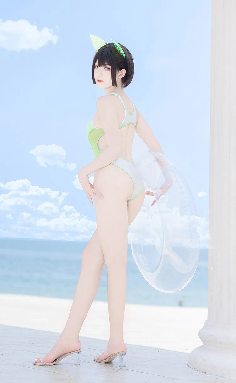 Sport Swimsuit One Piece Mesh Transparent Splicing High Split Racing Swim Anime Cos Sexy Cute Hot Spring for Women view 6
