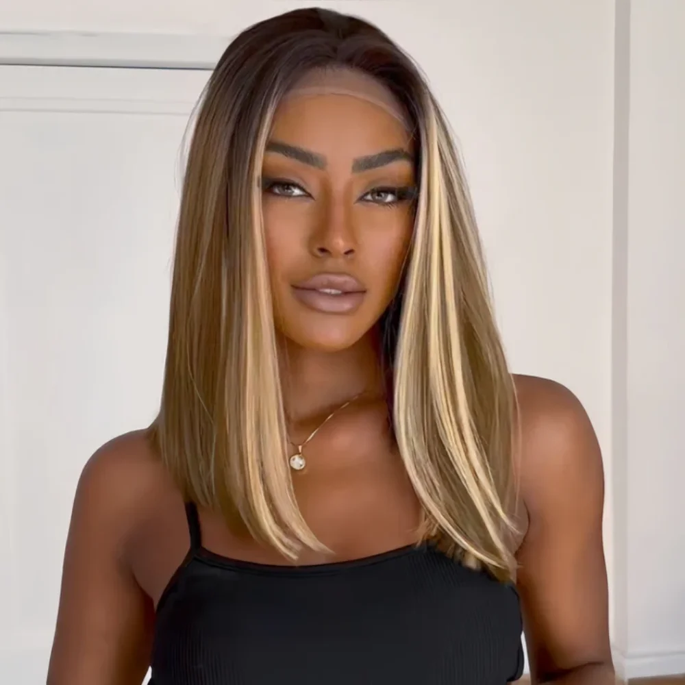 

Brown Mix Blonde Highlight With Dark roots Lace Frontal Wig 13X4 Transparent Lace Front P4/27 Brown Ombre Colored Wigs For Women