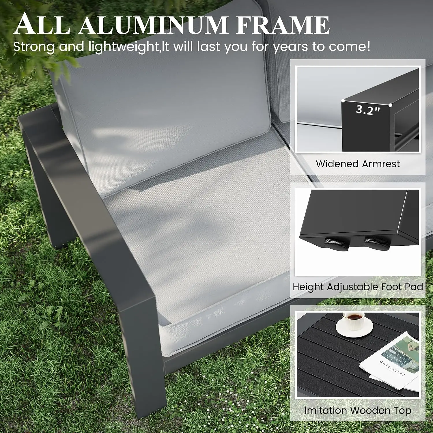 Aluminum Patio Sofa Set with 5 Inch Cushions & Waterproof Covers for Backyard Garden, Customized
