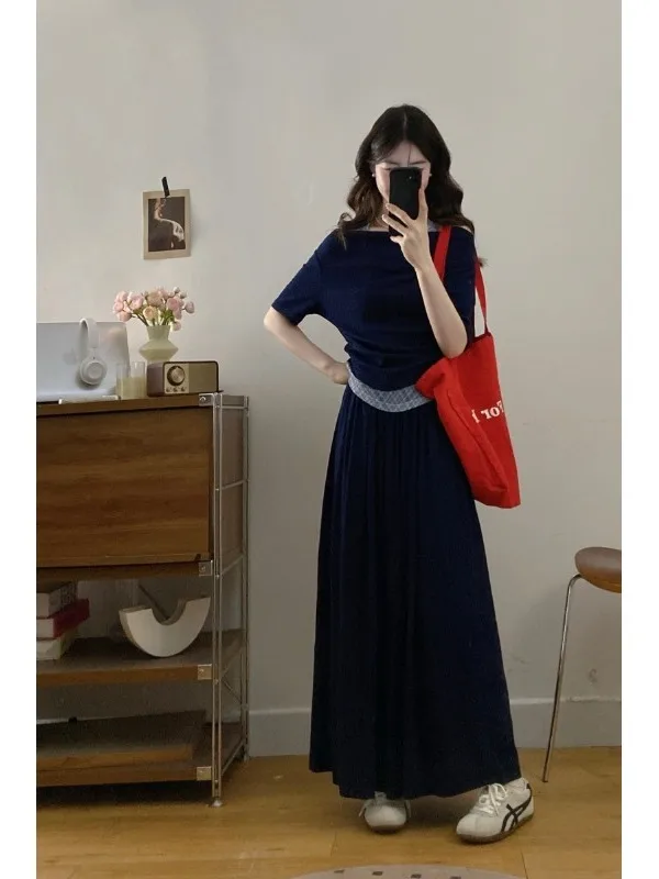 

plus Size Casual Outfit Women Summer New Style Splice Halter Short Sleeve Top Midi Skirt Fashionable Two-Piece Set Korean Style