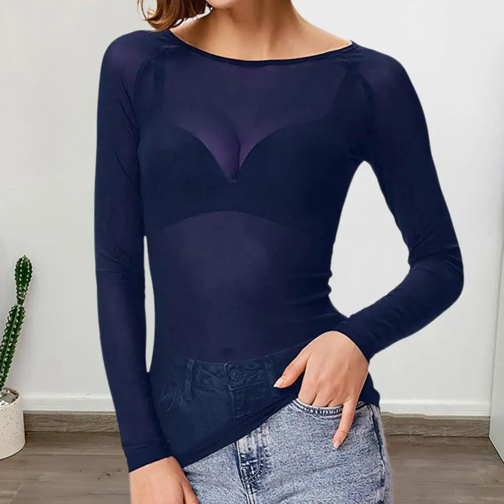 Camiseta Sexy para Mujer, Transparente, de Malla, Negra, de Manga Larga, Body Ajustado, Cuello Alto, Top Corto de Tul, Camiseta Transparente para Club