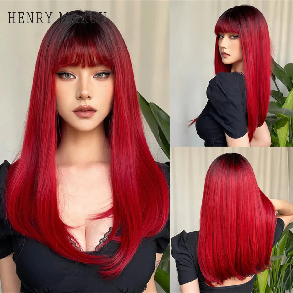 HENRY MARGU Ombre Red Long Straight Synthetic Wig Dark Roots Wigs with Bangs Red Color Daily Party Hair for Women Heat Resistant