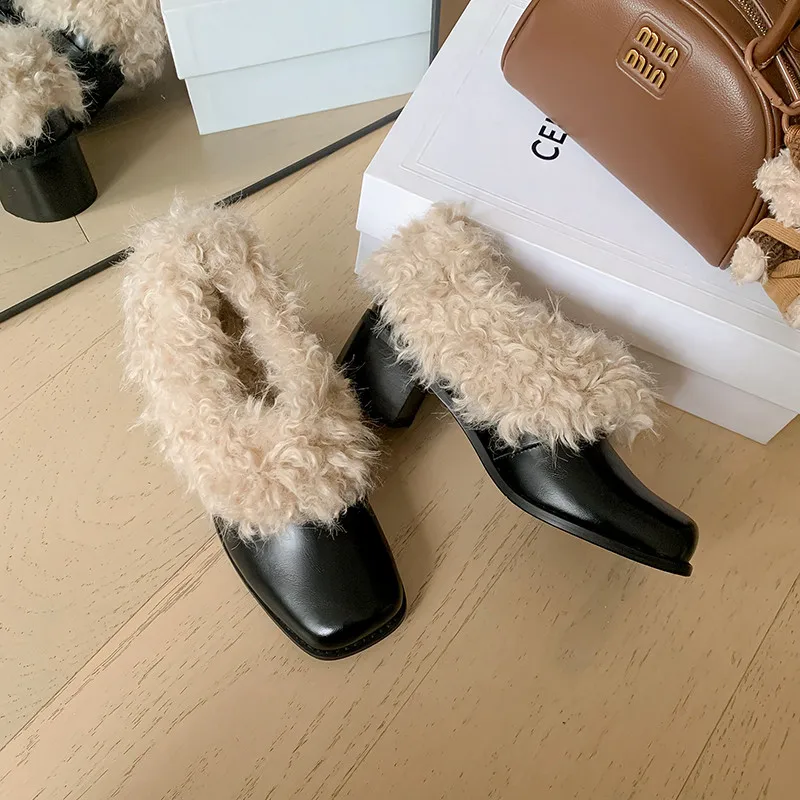 MKKHOU Fashion Pumps New High Quality Genuine Leather Shoes Wool Shoes Winter Warm High Heels Women's Heels Women's Shoes