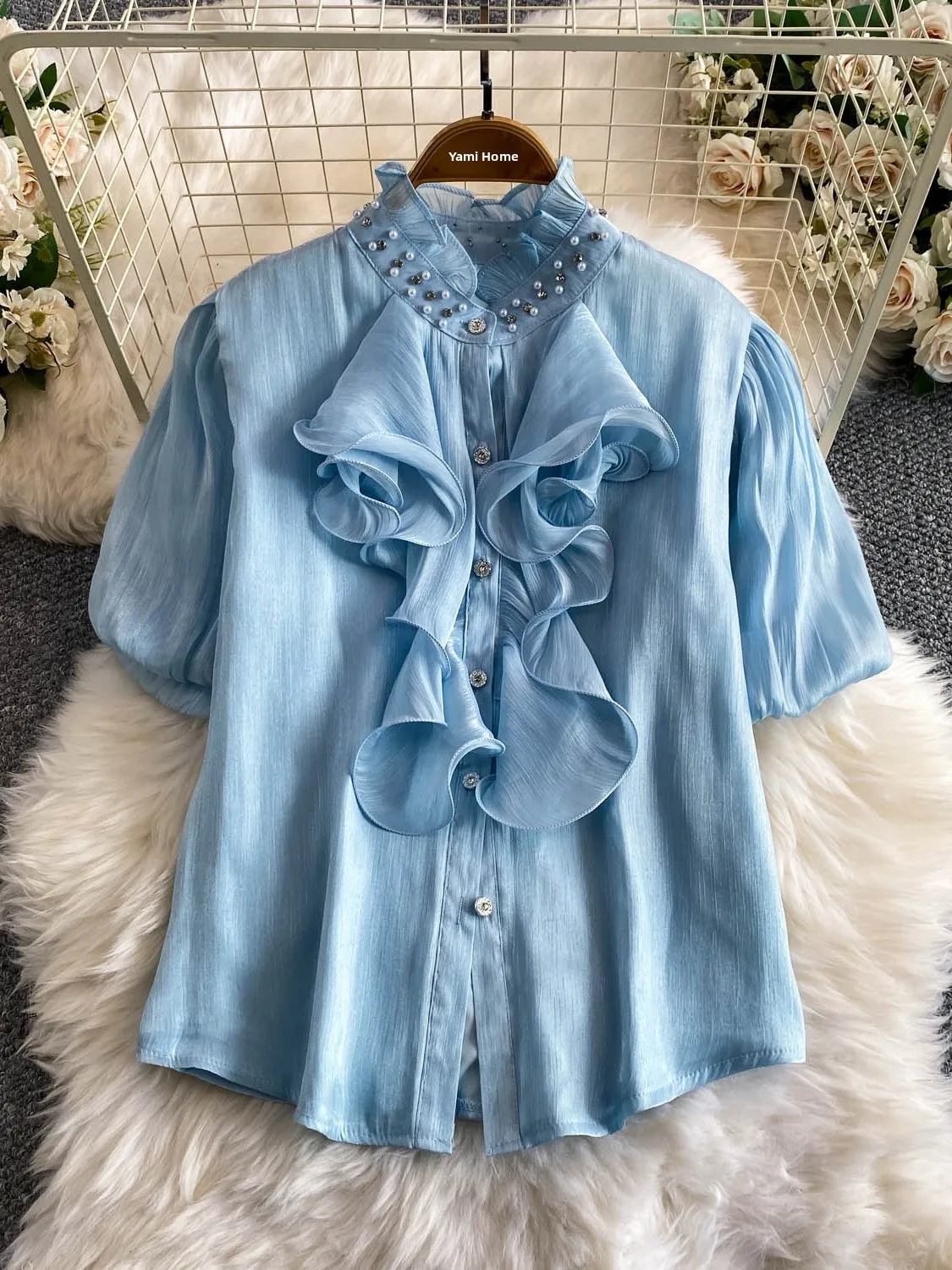 

Elegant Heavy Diamond Embellished Stand Collar Lantern Sleeve Shirt Women's Anti Aging Flowing Lace Trim Top Korean Style Com...