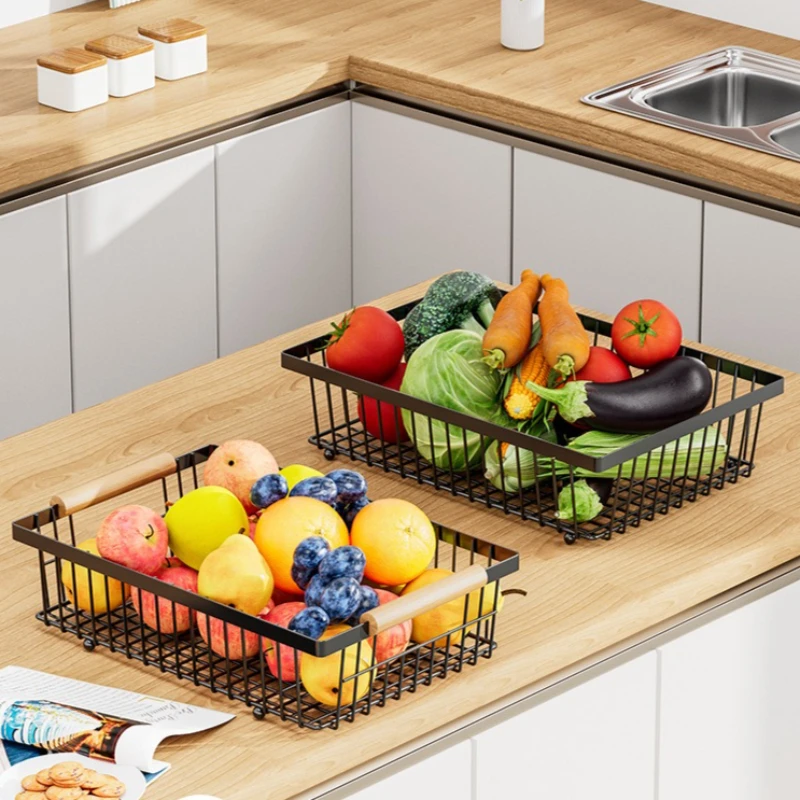 

Kitchen Fruit Shelf Living Room Double-layer Removable Storage Rack Tray Wooden Handle Portable Vegetable and Fruit Basket