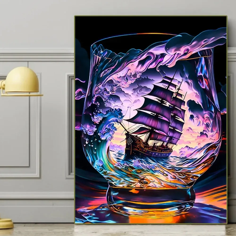 Colorful Ship In Glass New 2024 5D Mosaic Diamond Painting Graffiti Aesthetics Waves Landscape Embroidery DIY Cross Stitch W439