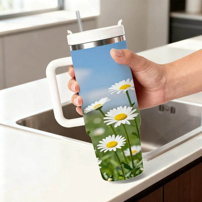 40oz Sky Blue Background White Daisy Grass Field Print Insulated Stainless Steel Travel Tumbler With White Handle Straw Lid Large Thermal Cup