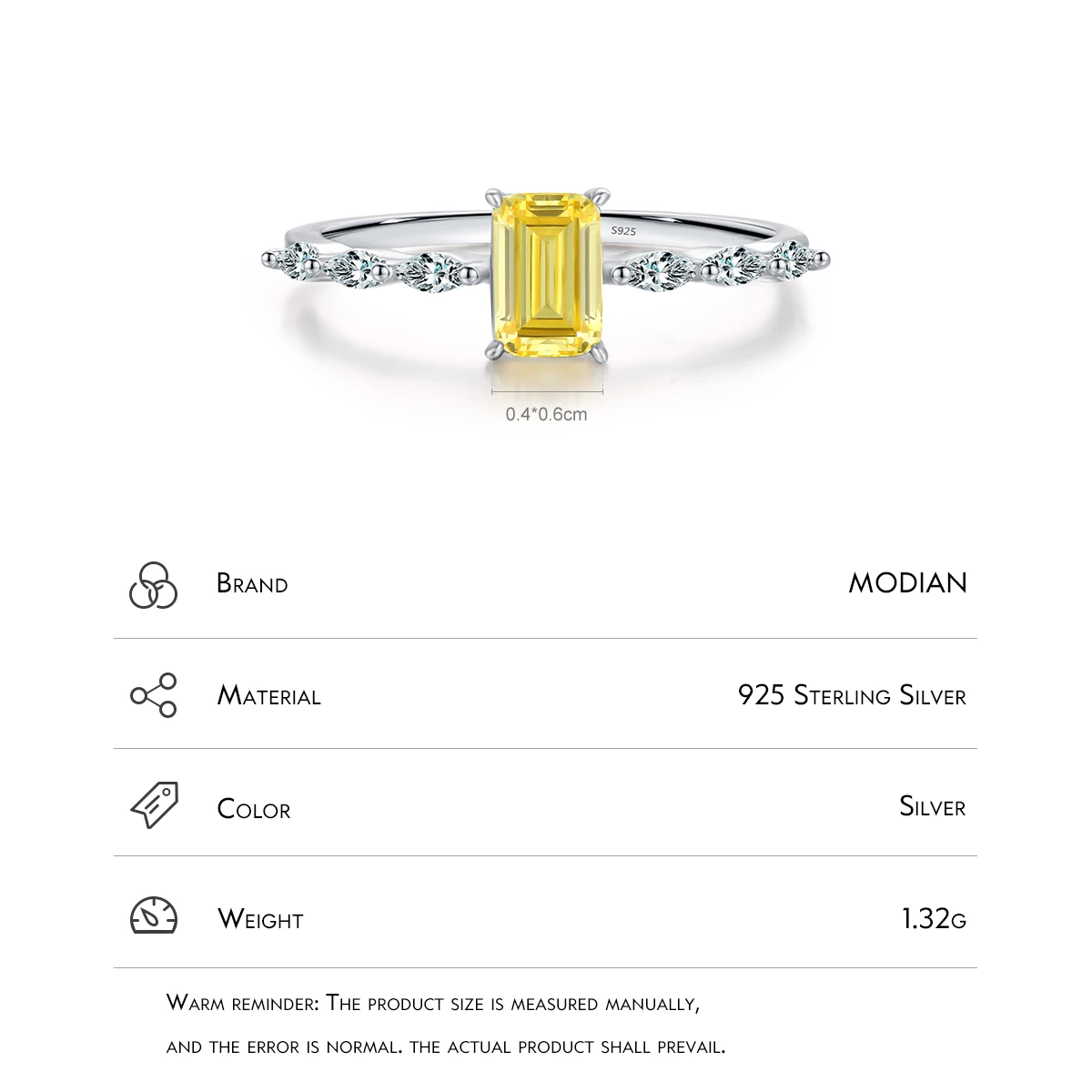 Modian-Real 925 Sterling Silver Emerald Cut Zirconia Anel para Mulheres, requintada Joias Finas, Rosa, Amarelo, Espumante, Casamento, Luxo