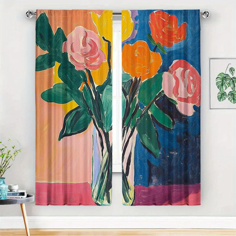 2-teiliges Set Abstrakte Blumen-Kunstdruck-Vorhänge Boho-Stil Wohnzimmer Fenstervorhänge Aquarell-Malerei Vorhangpaneele Dekoration Paar