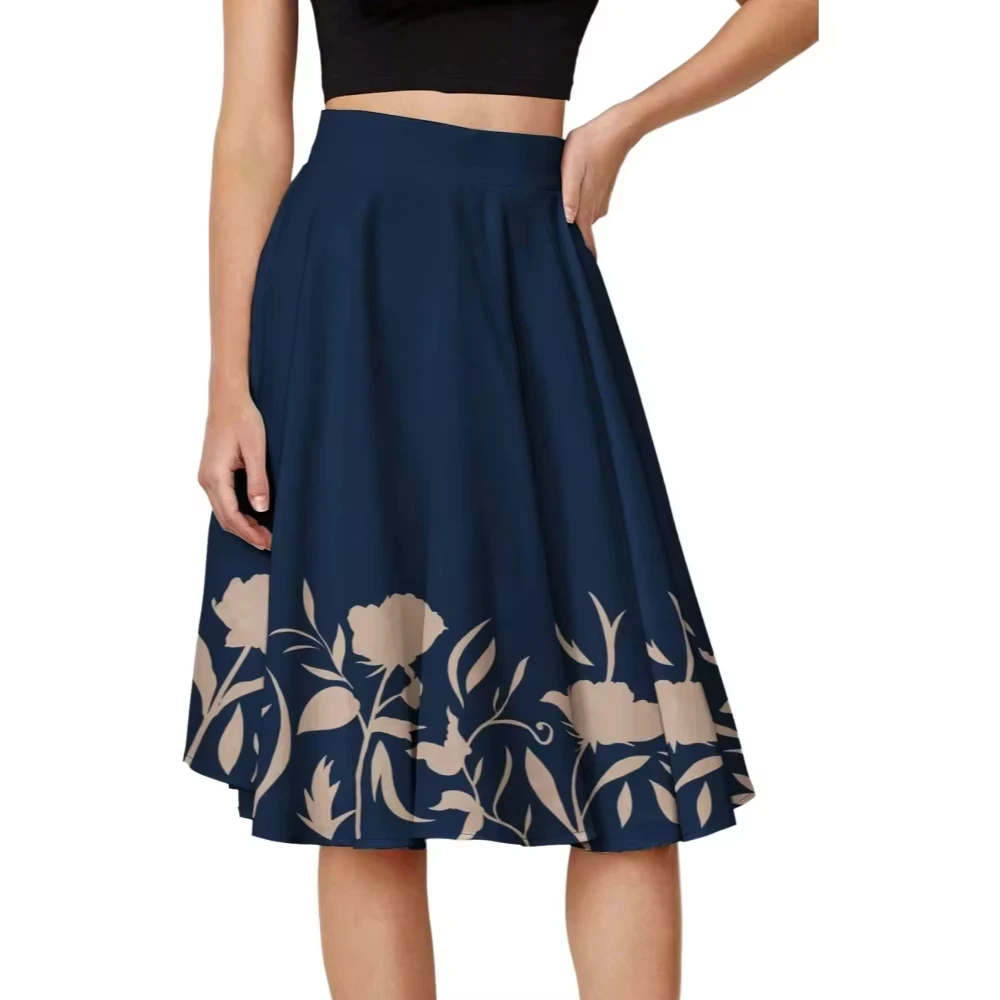 Hot High Waist A-Line Navy Floral Print Midi Skirt, Bottom for Women Office & Daily