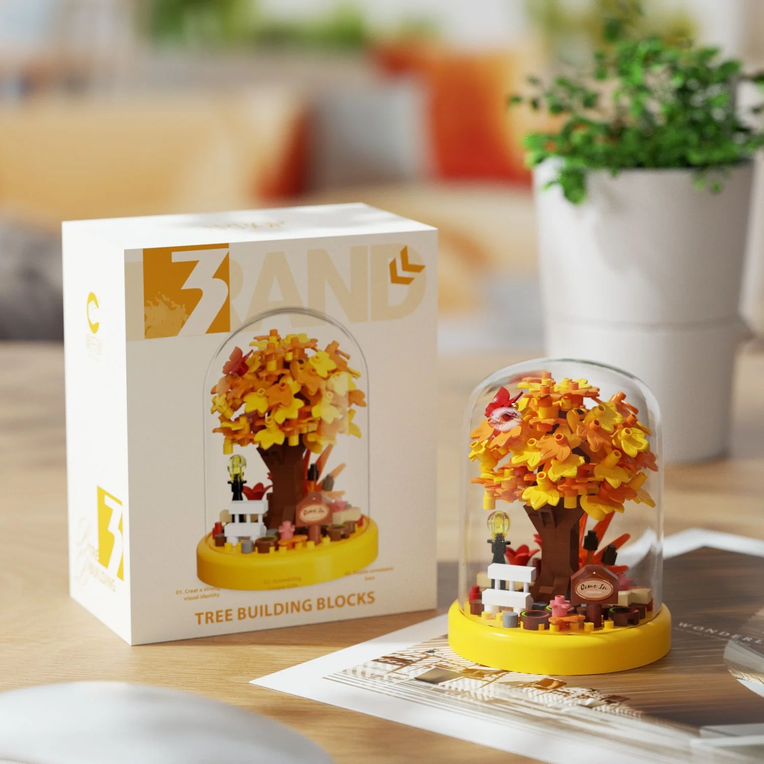 Juego de construcción de casa de árbol de hojas de otoño, 280 Uds., maceta de micropartículas, planta con vitrina transparente, regalo de decoración DIY