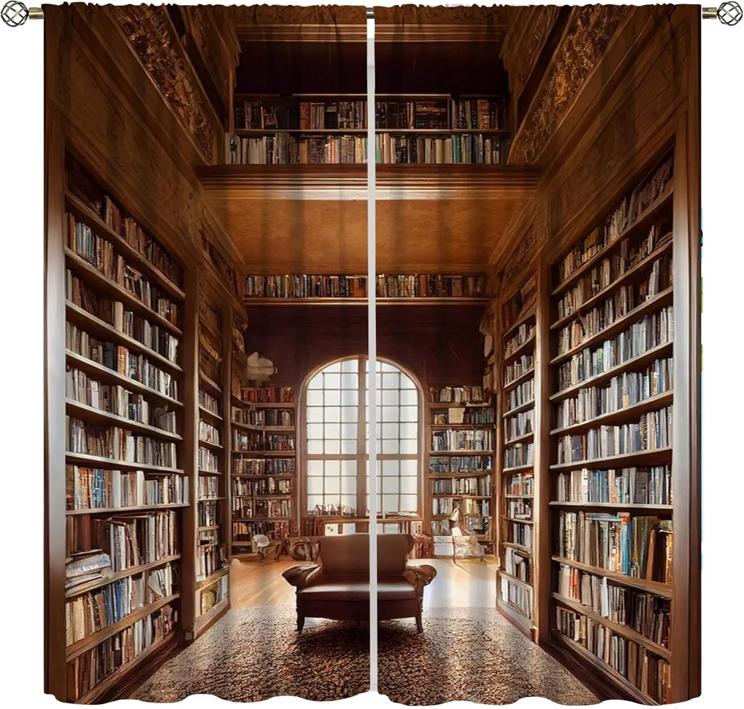 Bookshelf Curtains, Vintage Library with Books Window Treatments for Kids Bedroom, Wooden Wooden Antique Bookcase Drapes 2 Panel