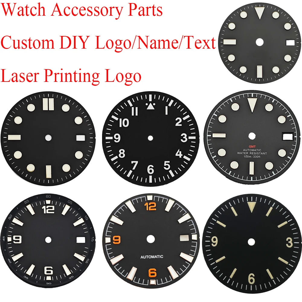 Customized DIY Logo Watch Dial 28.5mm/29mm/31mm/32mm/37mm Black Blue Watch Dial Green/Blue Green Luminous Watch Accessories