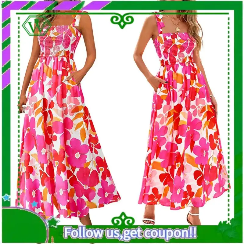 A18P-Vestiti estivi da donna Abito maxi smock floreale senza maniche Boho con cinturino per spaghetti A Line Flowy Beach Abito estivo lungo