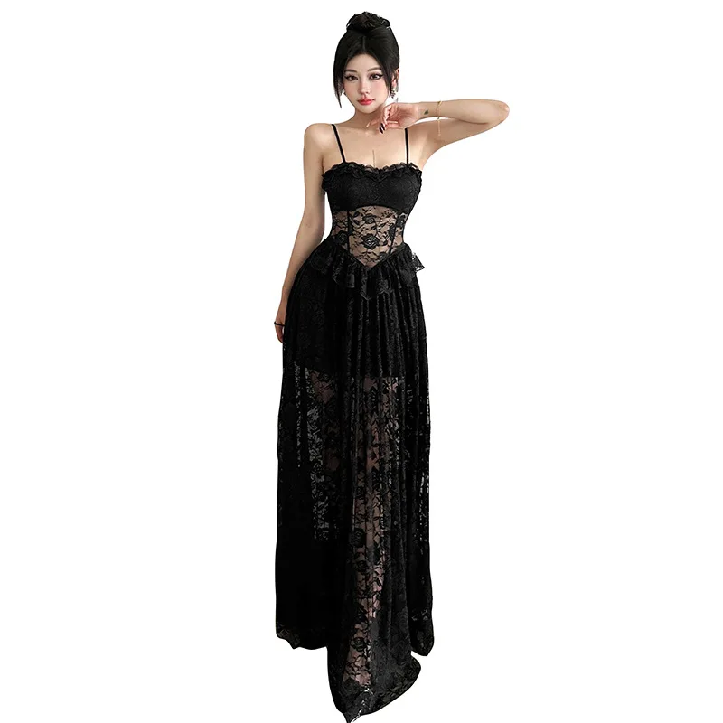 New Women's Sexy Perspective Black Lace Party Fashion Long Dress  YY10934