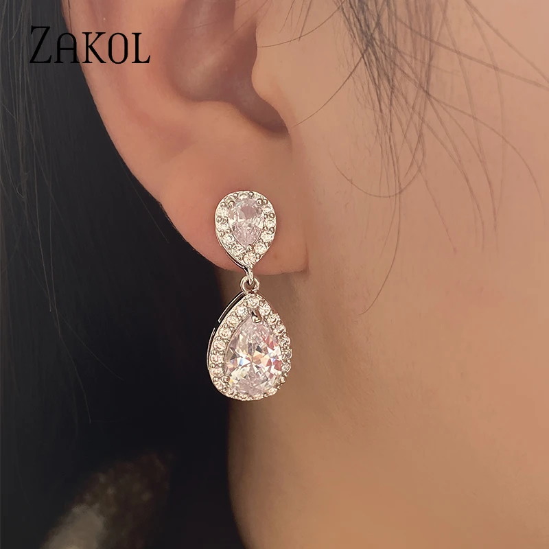 ZAKOL Nickle Free Fashion Classic Water Drop Crystal Zirconia Dangle Earrings Bridal Wedding Jewelry for Women Wholesale