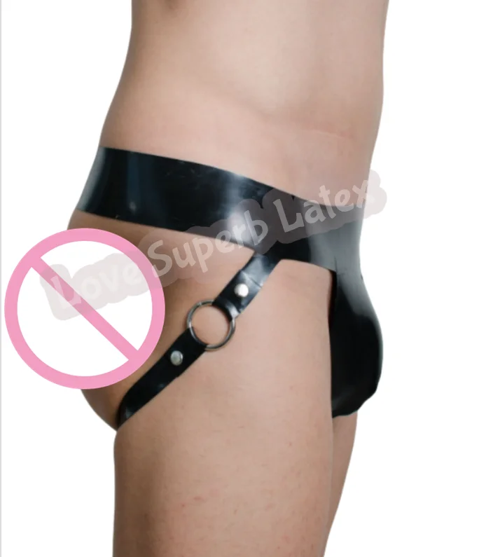 ラテックスジョックストラップ、両側に金属装飾フープ付きゴムメンズラテックスパンティー下着
