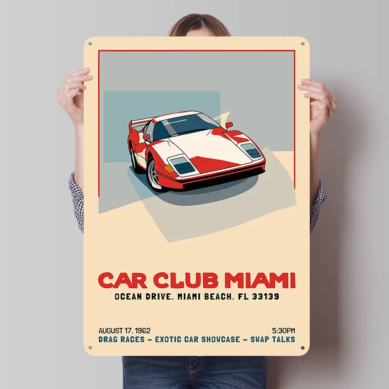 Car Club Miami Metal Poster Customized Wall Art Retro Vintage Tinplate Signs for Man Cave Room Decoration Garage Decorations
