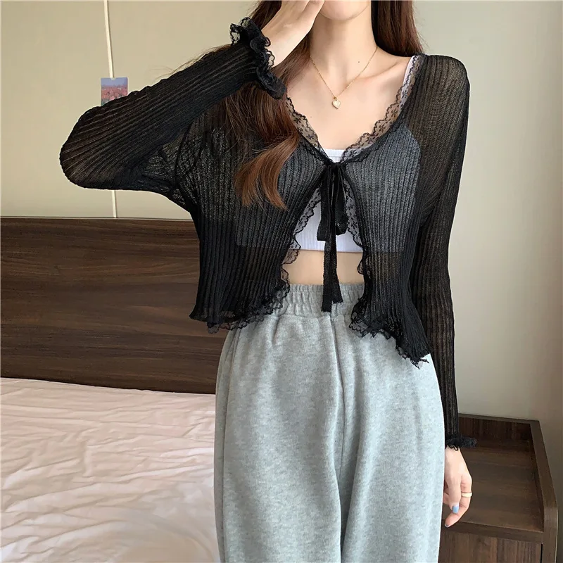 Lace Frenulum V-neck Women\'s Sunscreen Cardigan Knitted T-shirt Slim Fit Shirt Long Sleeved Ice Silk Top Youth Elegant