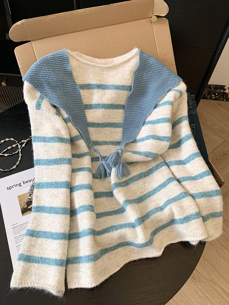 سترة محبوكة للنساء، نمط فضفاض/كسول، سترة بألوان متباينة، طقم شال مكون من قطعتين، متوسط الطول