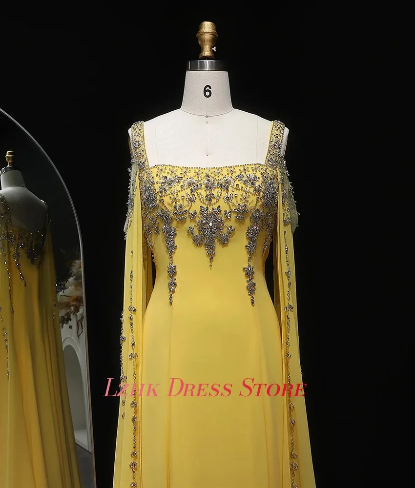 Vestido de noche personalizado de gasa exquisito, corte en A, tirantes finos, cuentas de cristal, vestidos de fiesta sexis de manga larga con cuello cuadrado