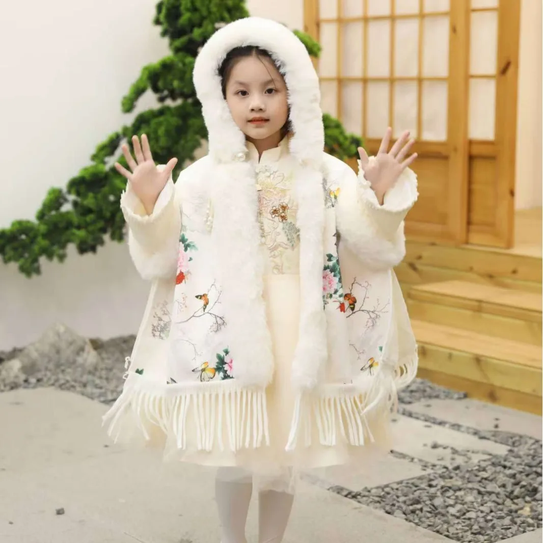 Winter Children's Shawl Fashion Girls Cape Chinese Style Thicken Warm Baby Wraps Coat New Year Cloak Cute Jacket Kids Clothes