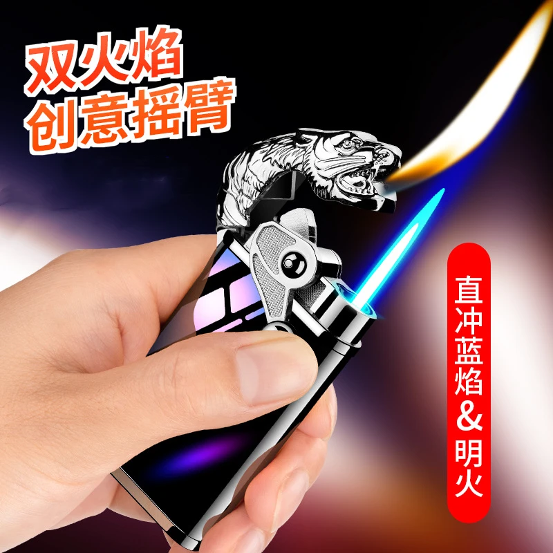 New Blue Flame Metal Rocker Arm Ignition Tiger Head Double Fire Dragon Lighter Creative Windproof Open Fire Conversion Lighter