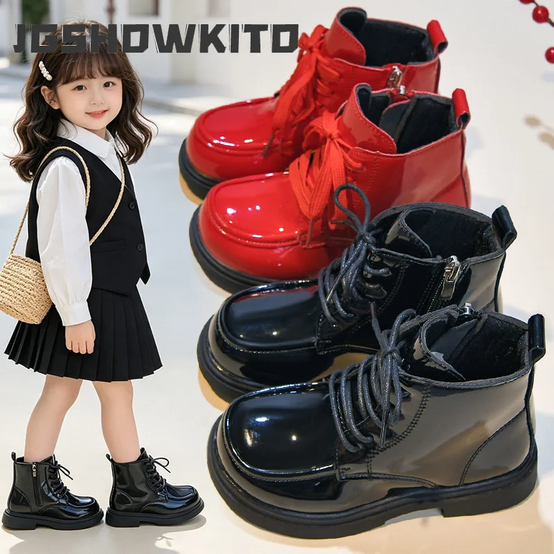 JGSHOWKITO Kids Fashion Boots for Boys Girls Bright Red Glossy Black Children Rubber Ankle Boots with Side Zipper Warm Classic