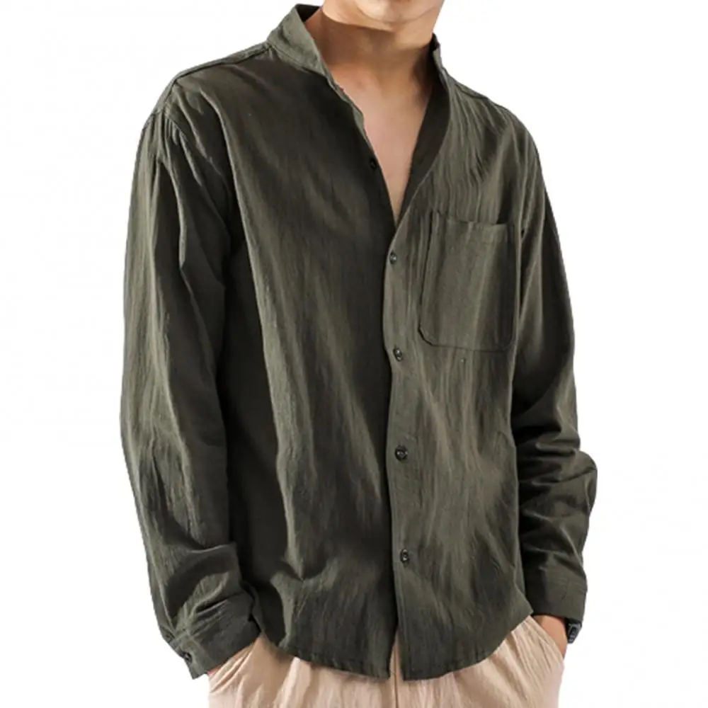 Men Solid Color Pocket Stand Collar Buttons Shirt Top Cotton Linen Loose Coat