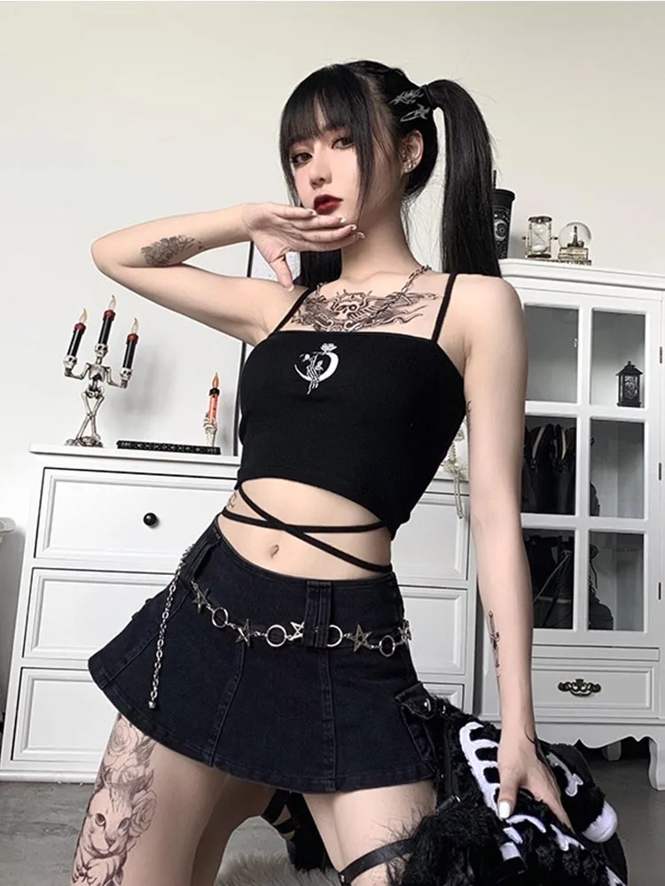 Gothic Women's Print Suspender Sleeveless Square Neck Slim Crop Top Sexy Halter Bottoming Shirt 2024 Girls Party Wear
